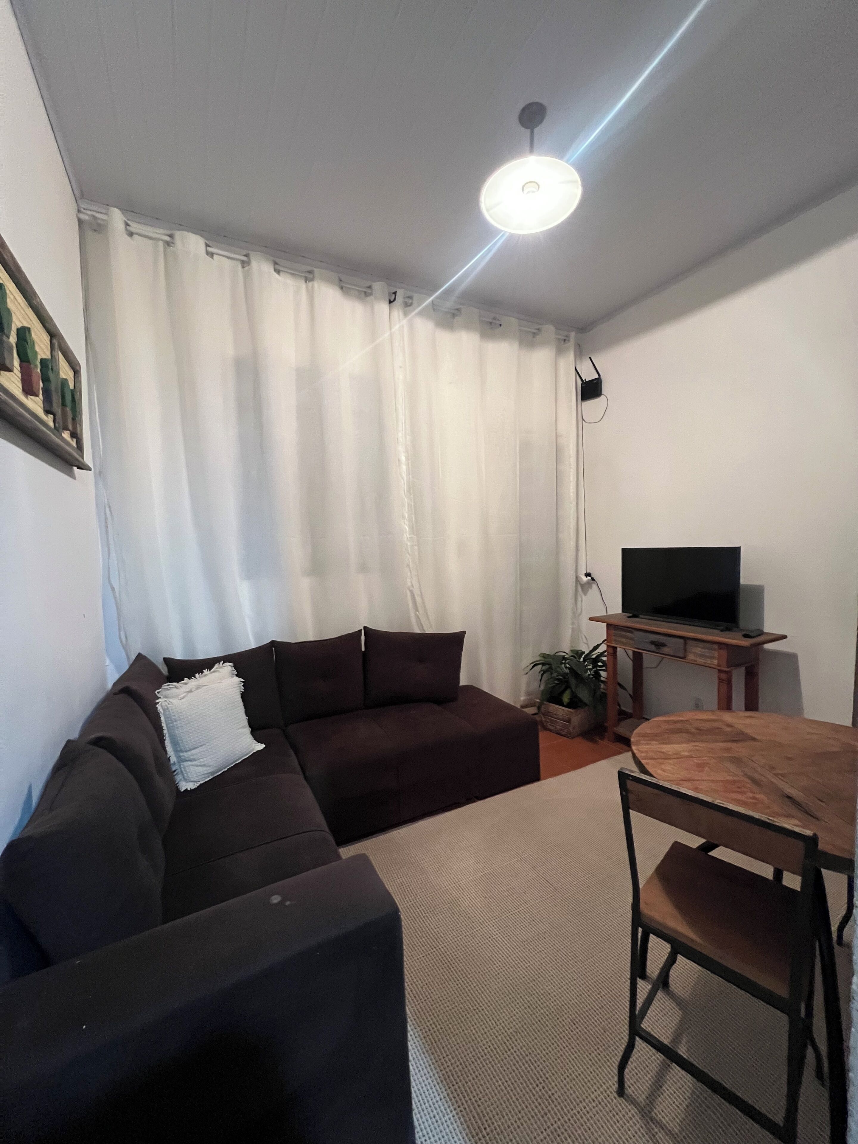 Una sala de estar con un sofá oscuro, una mesa de comedor de madera, un televisor y una lámpara de techo.