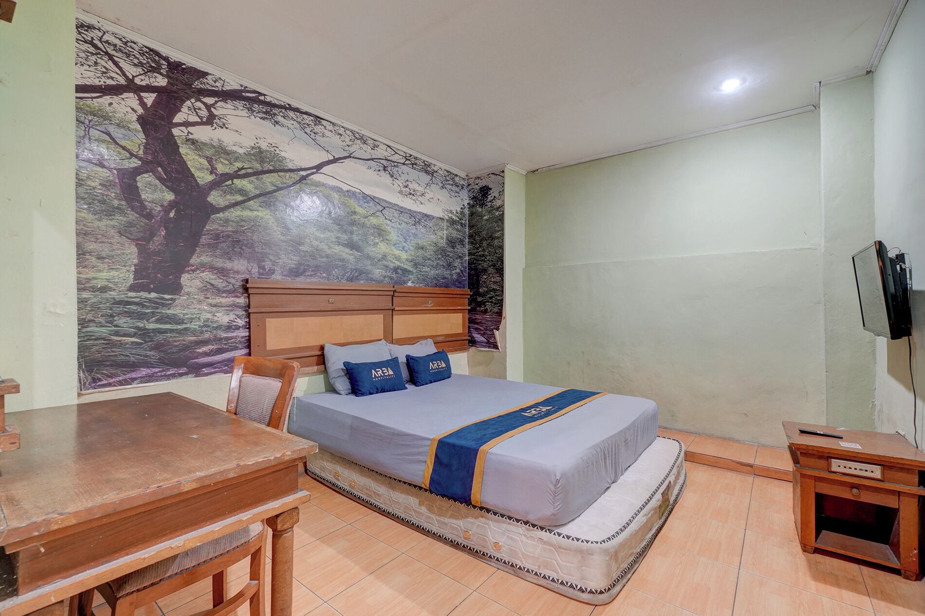 Un dormitorio con una cama, un escritorio y una silla.