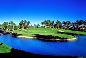 Ein Golfplatz mit einem Wasserhindernis, Palmen und blauem Himmel.