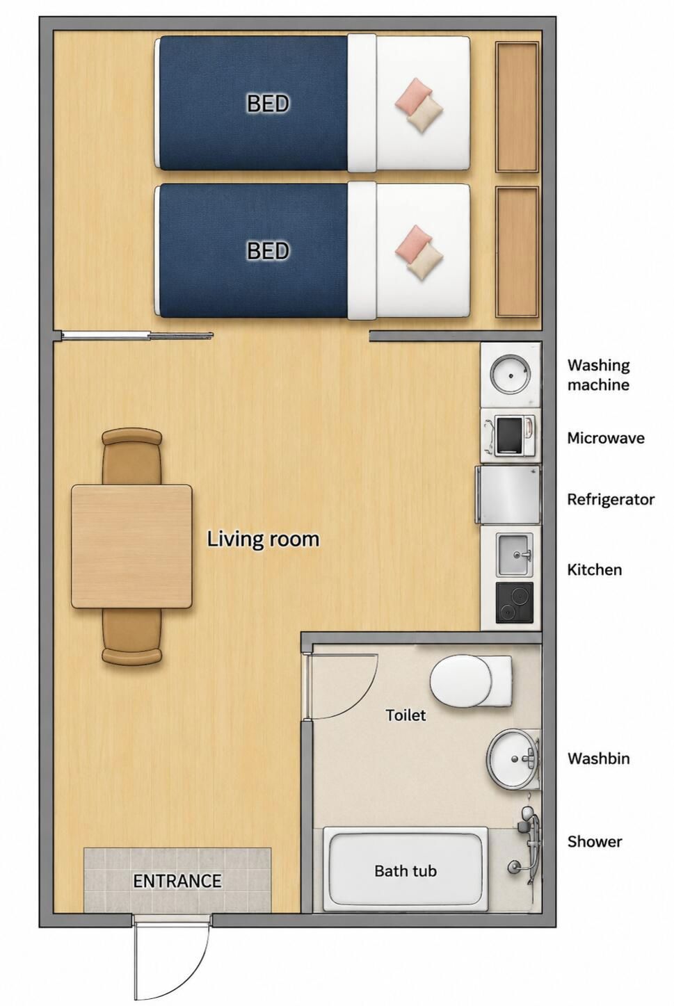 Distribución de una habitación de hotel con dos camas, sala de estar, cocina y baño, además de una entrada.