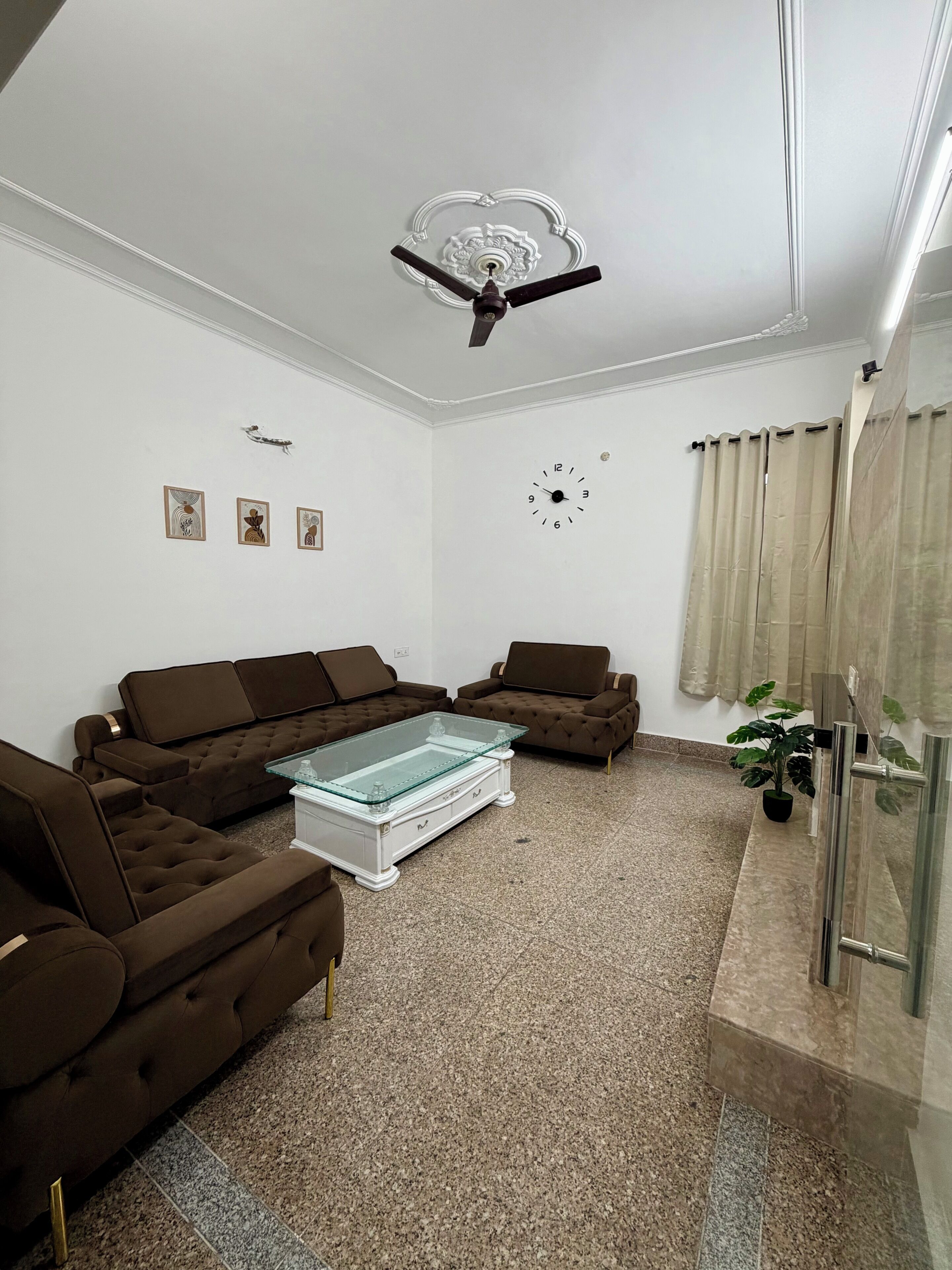 Ein Wohnzimmer mit zwei braunen Sofas, einem Glastisch, einem Deckenventilator, einer Uhr und einer Zimmerpflanze.