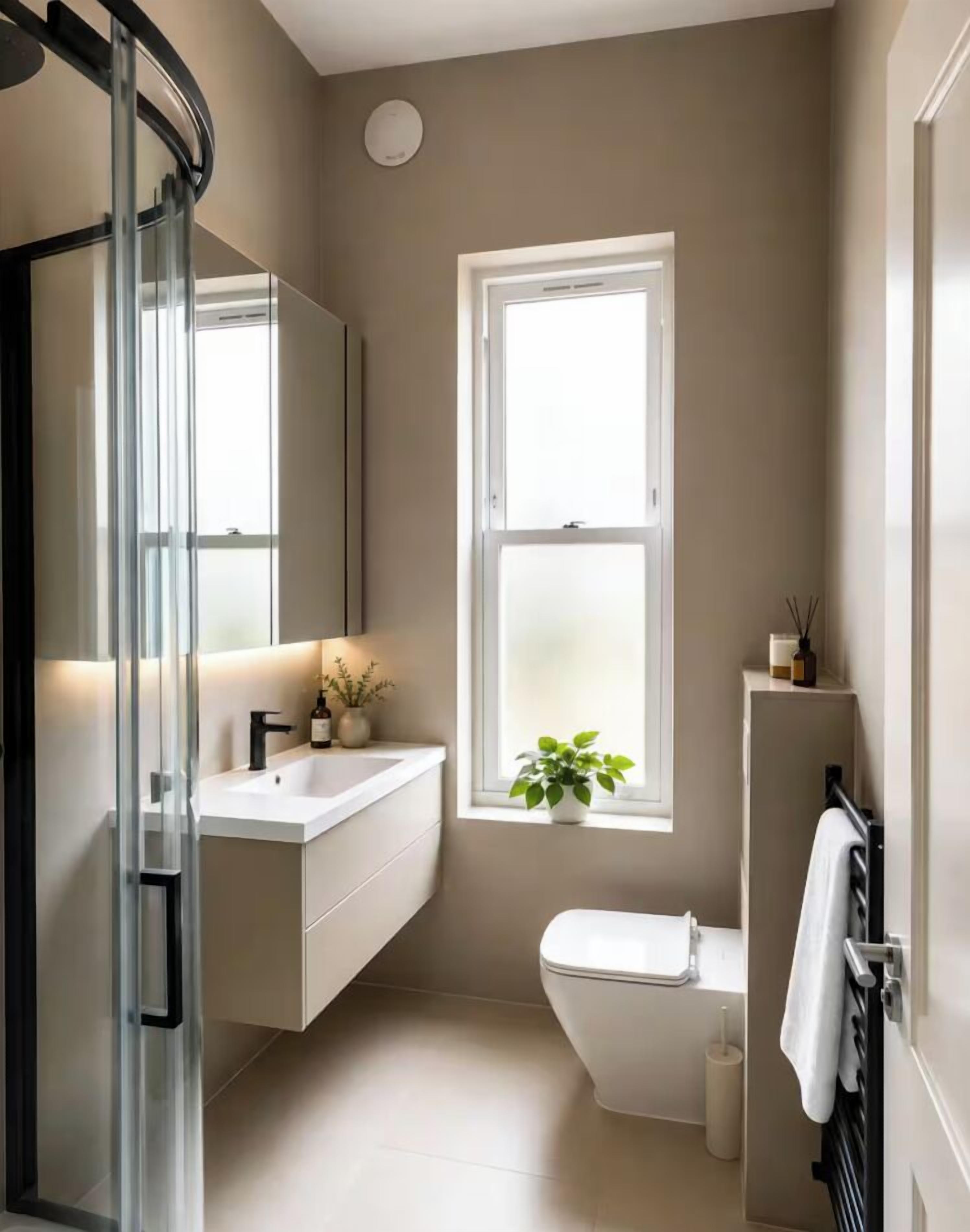 A compact bathroom with a glass shower enclosure, a white sink with a mirror, a toilet, and a window with a plant.