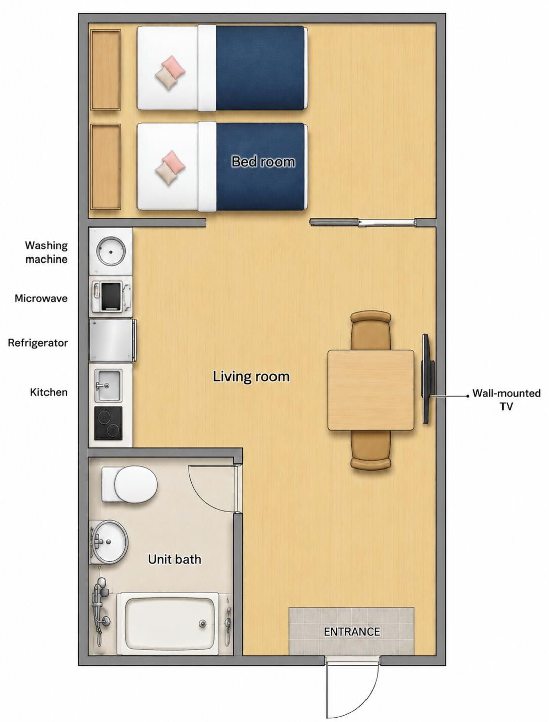 A floor plan of a compact apartment with a living room, a bedroom, a kitchen, a unit bath, and a wall-mounted TV.