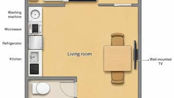A floor plan of a compact apartment with a living room, a bedroom, a kitchen, a unit bath, and a wall-mounted TV.