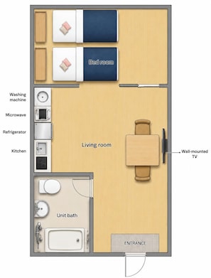 A floor plan of a compact apartment with a living room, a bedroom, a kitchen, a unit bath, and a wall-mounted TV.