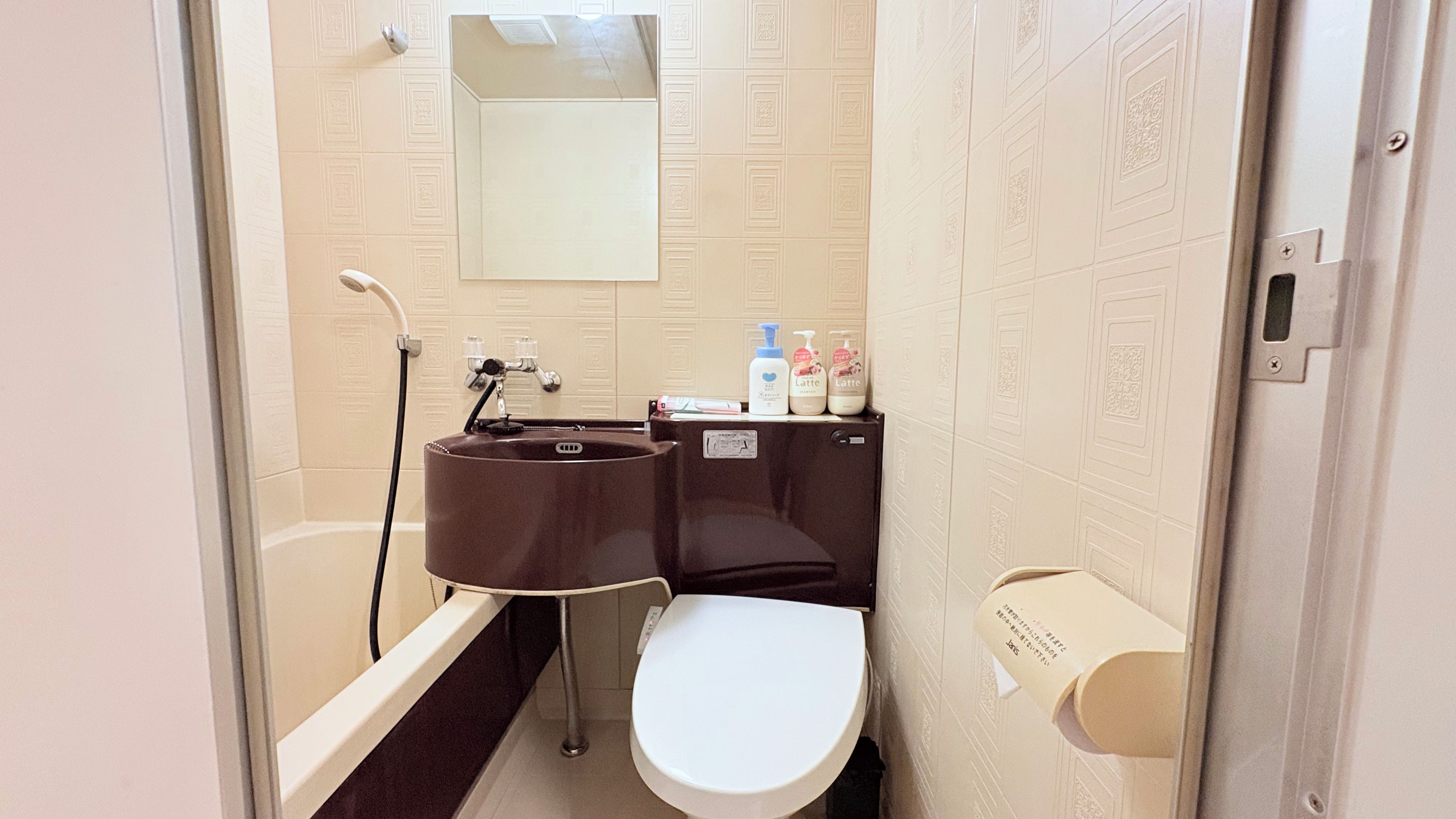 Une petite salle de bain comprenant des toilettes, un lavabo et une douche.