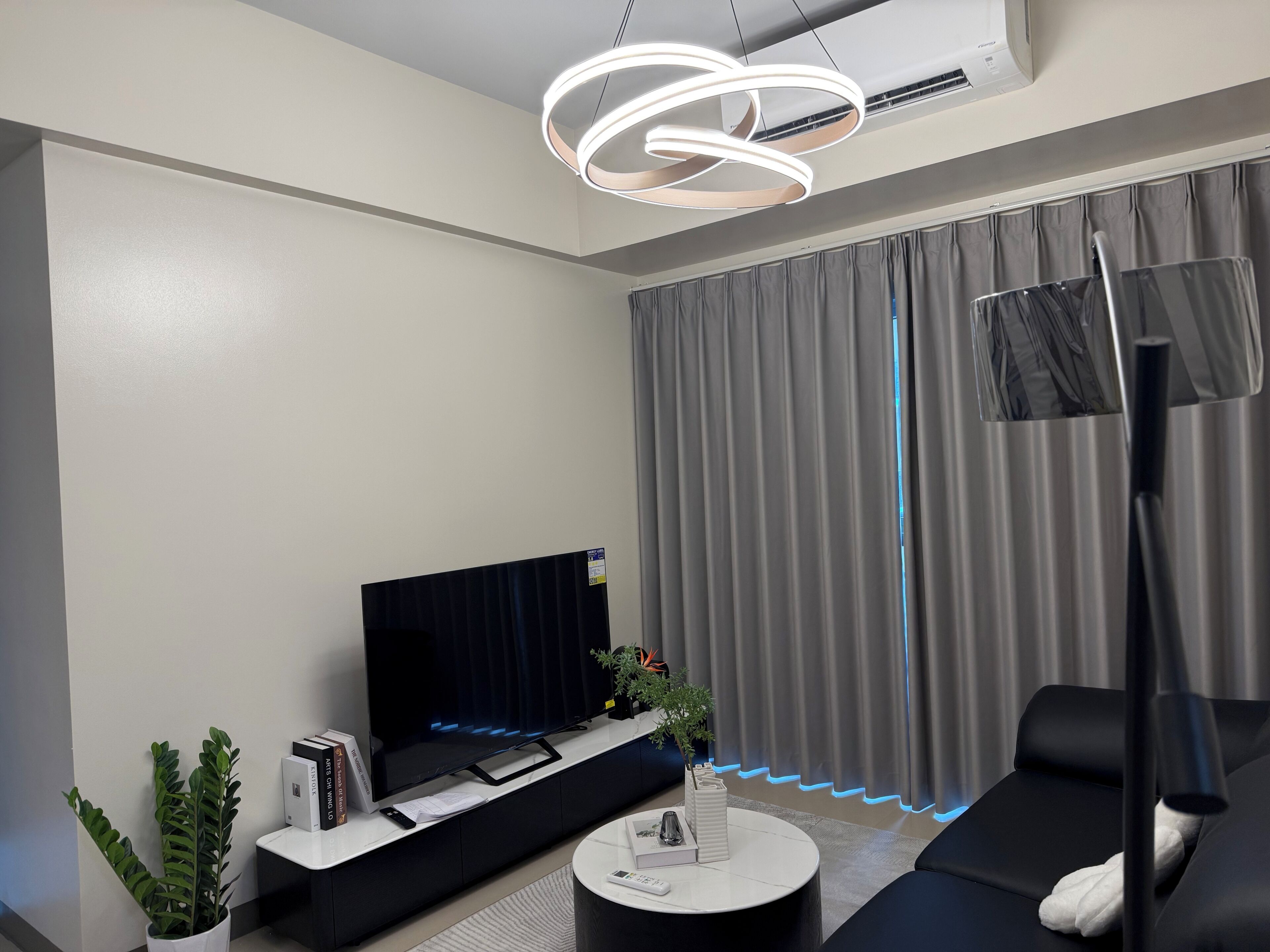 A modern living room with a flat-screen TV, a coffee table, a sofa, and a potted plant.