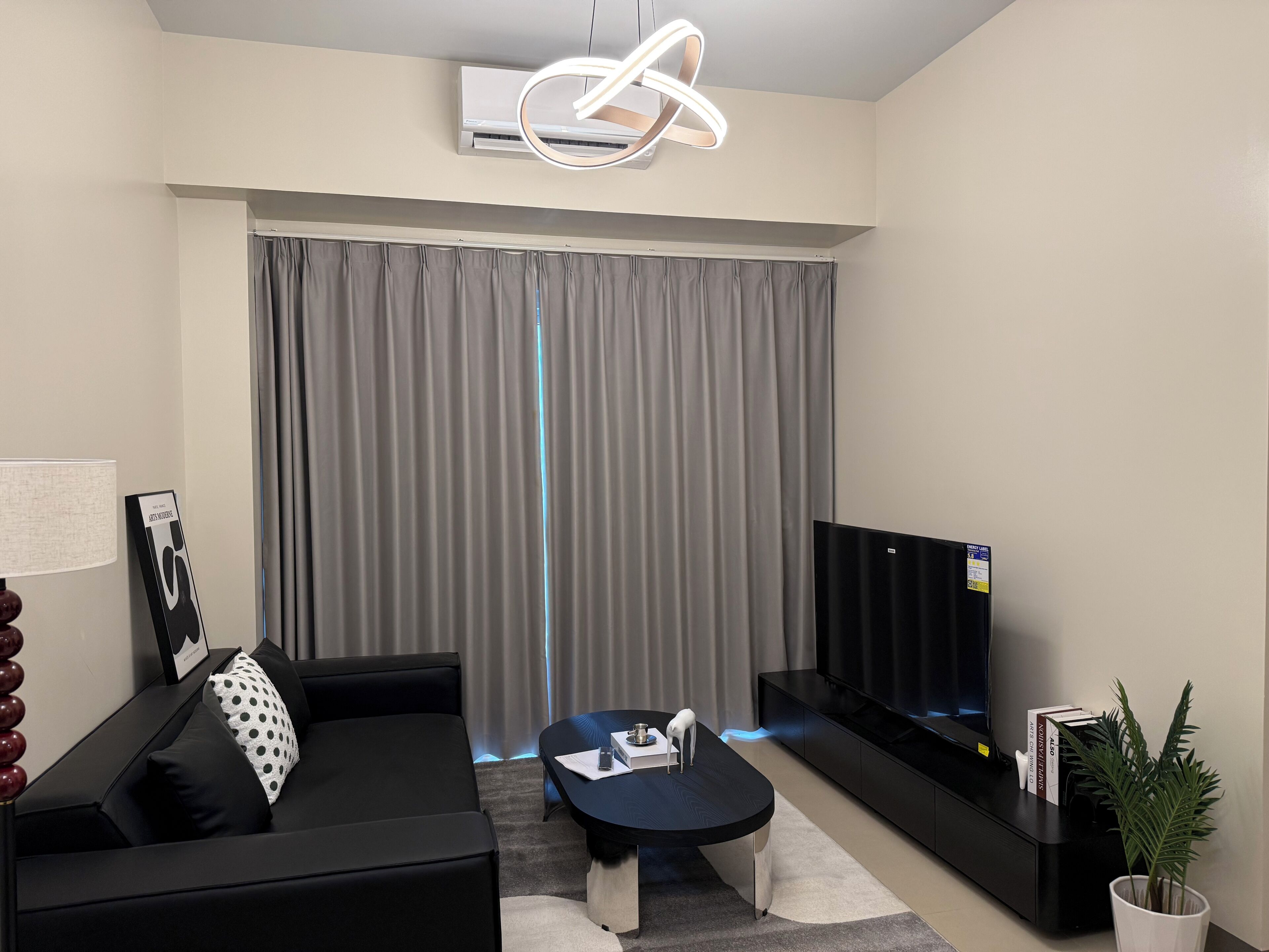 A modern living room with a black sofa, a coffee table, a flat-screen TV, and a potted plant.