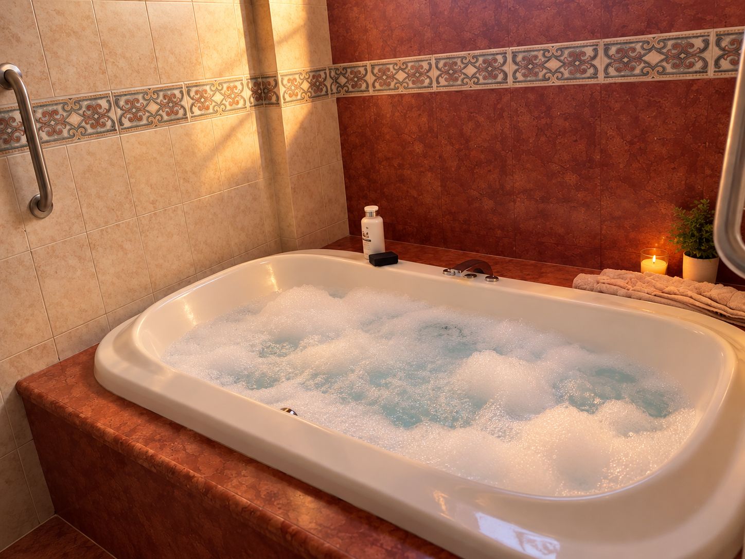 A bathtub filled with bubbles, a handrail, a bottle of soap, and a candle on a bathroom counter.