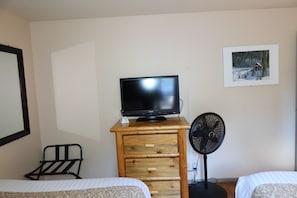 Une chambre avec deux lits, un téléviseur posé sur une commode en bois, un ventilateur sur pied et un tableau encadré accroché au mur.