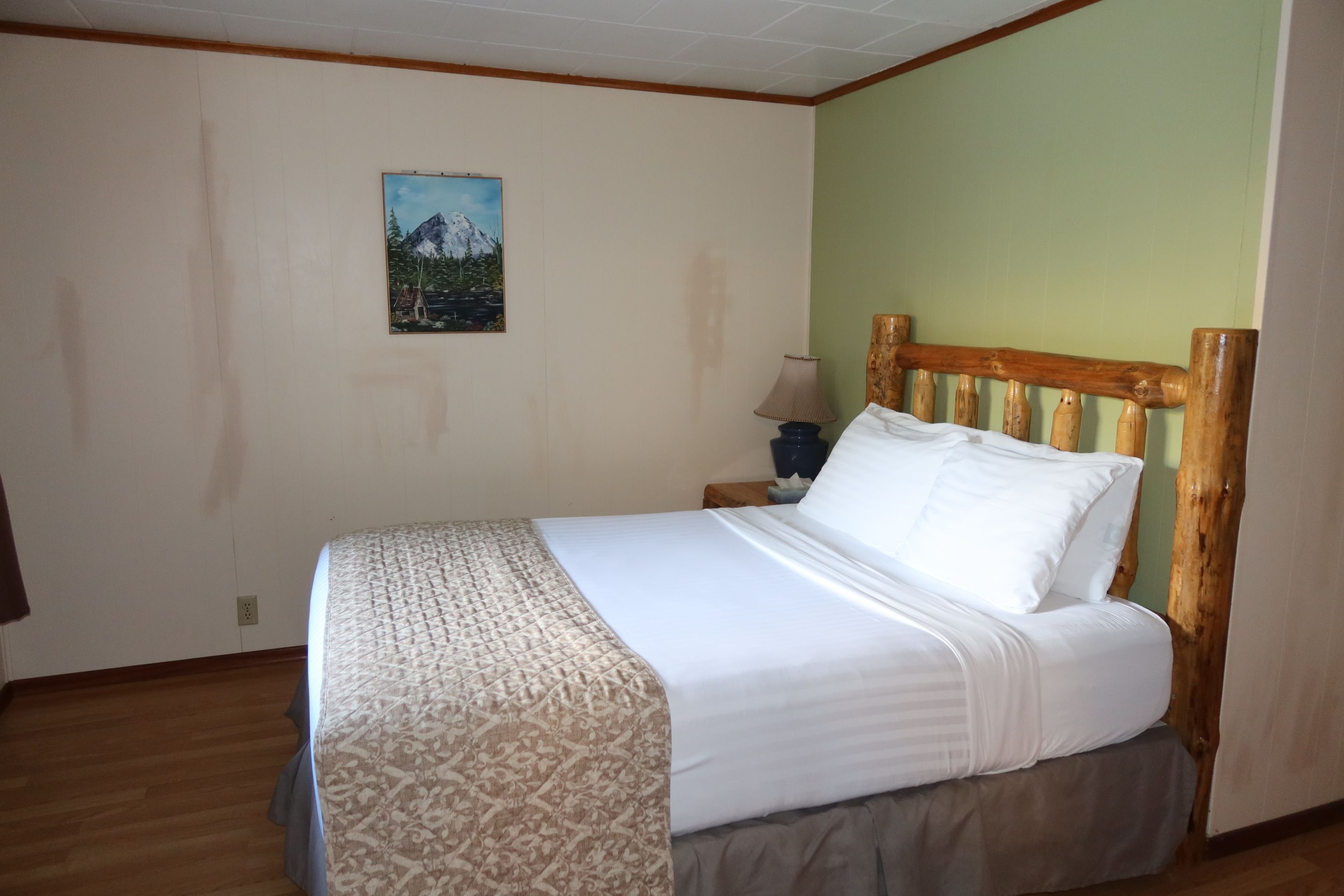 Une chambre à coucher avec un lit, une table de chevet, une lampe et un tableau au mur.