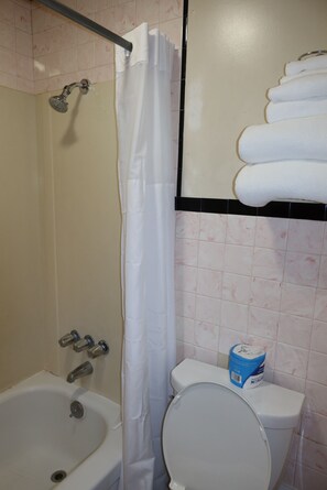 A bathroom with a bathtub, toilet, and a shower curtain.