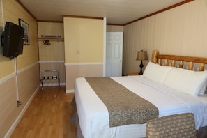 Una habitación de hotel con cama, sillón, televisor, perchero y puerta.