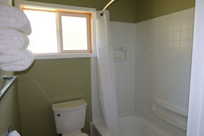 A bathroom with a toilet, a bathtub, and a window.