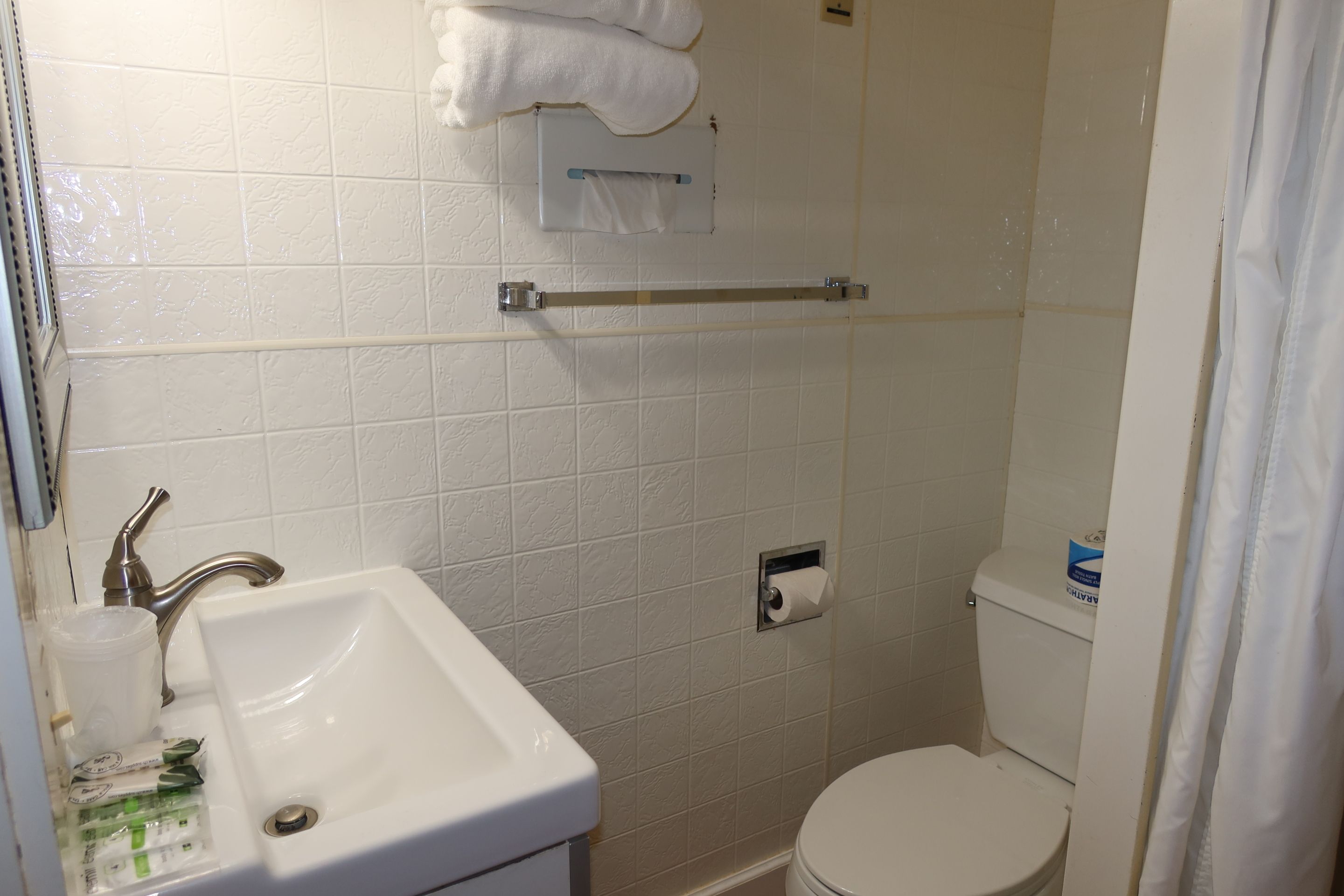 Een badkamer met een wastafel, toilet en handdoekhouder.