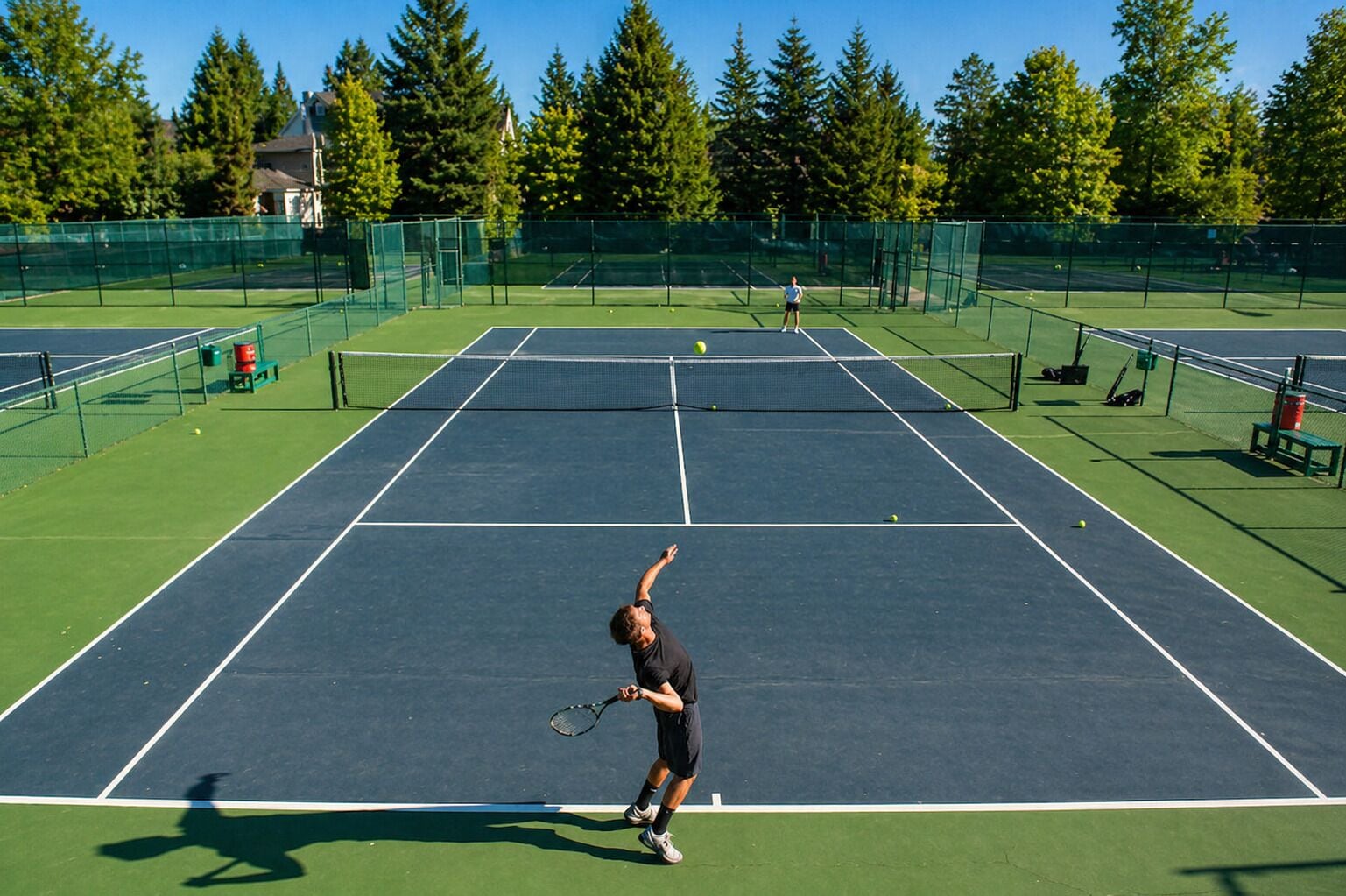 A tennis court with a net, a player in a black shirt, and trees in the background.