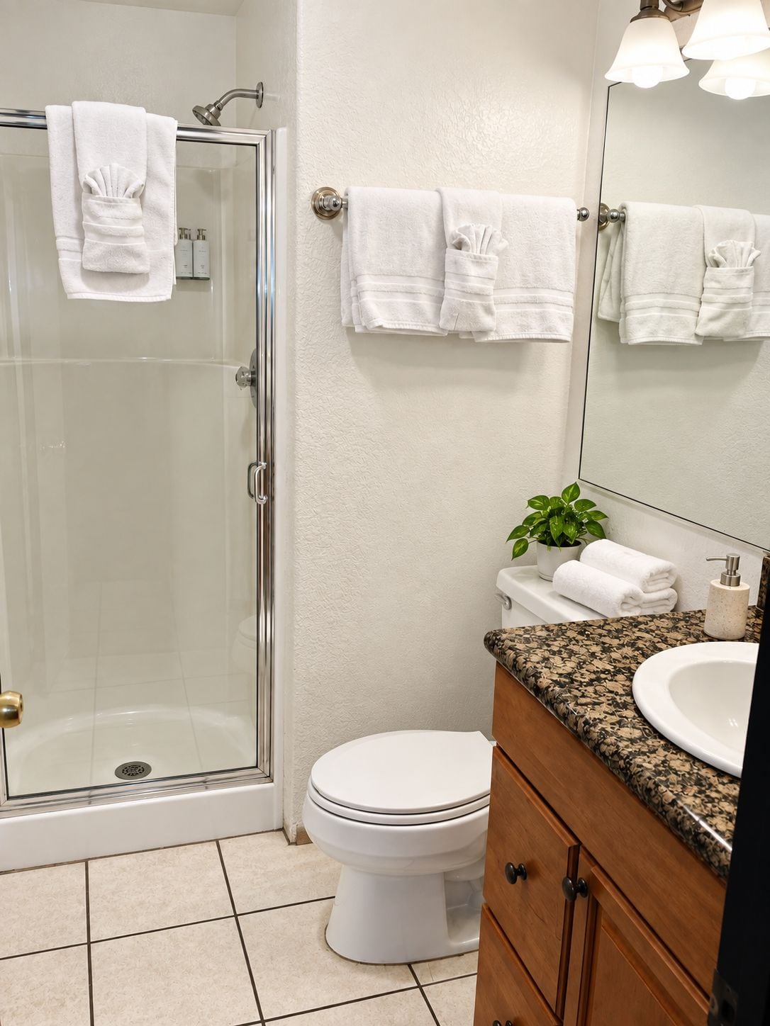A bathroom with a glass shower enclosure, a toilet, a sink with a granite countertop, and a mirror.