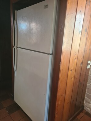 Ein weißer Kühlschrank mit einem separaten Gefrierfach, in einem Raum mit Holzwandverkleidung und gefliestem Boden.