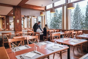 Ein Restaurant mit Holztischen und -stühlen, großen Fenstern mit Blick auf Bäume und hängenden Lampen.