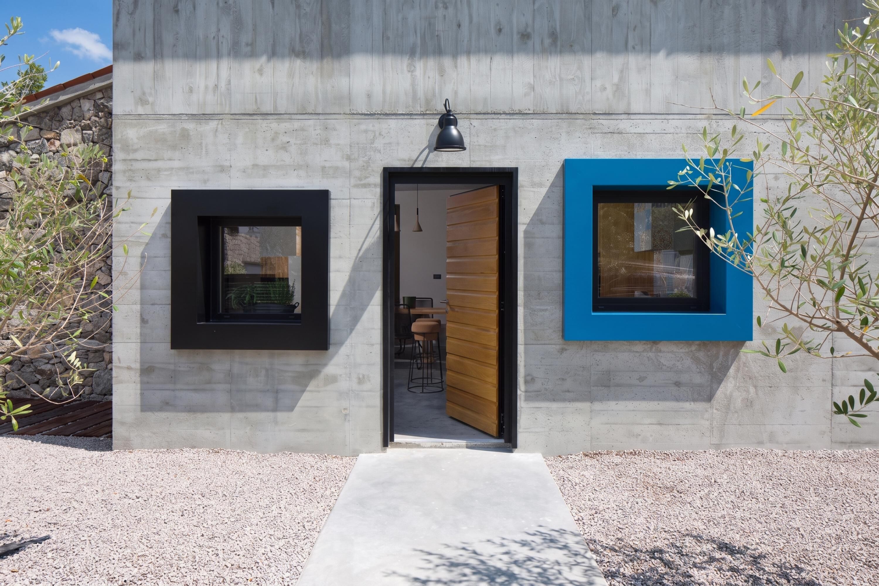 A modern building with a concrete facade, a wooden door, and two windows with black and blue frames.