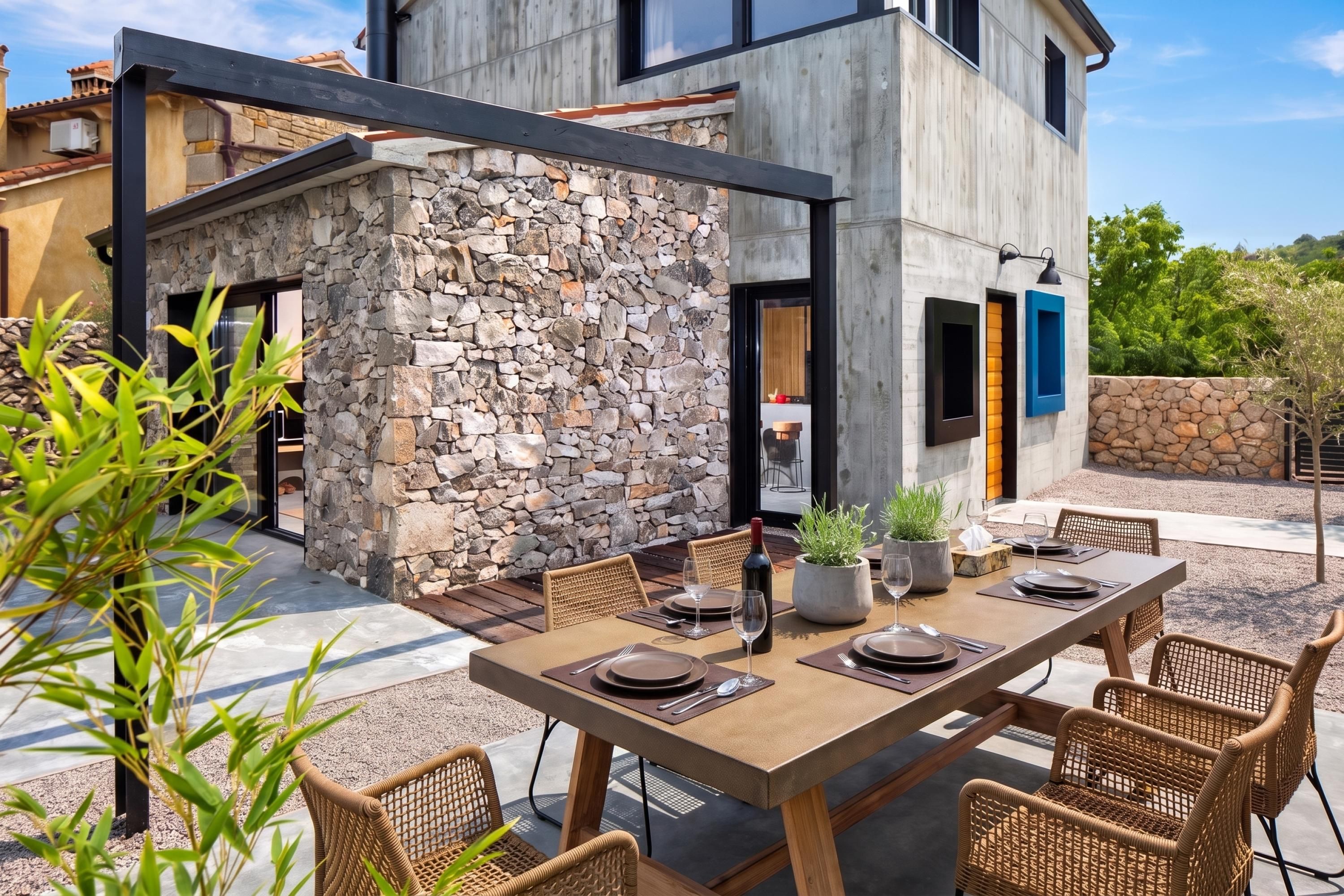 A modern outdoor dining area with a stone wall, wooden furniture, and a view of the adjacent building.