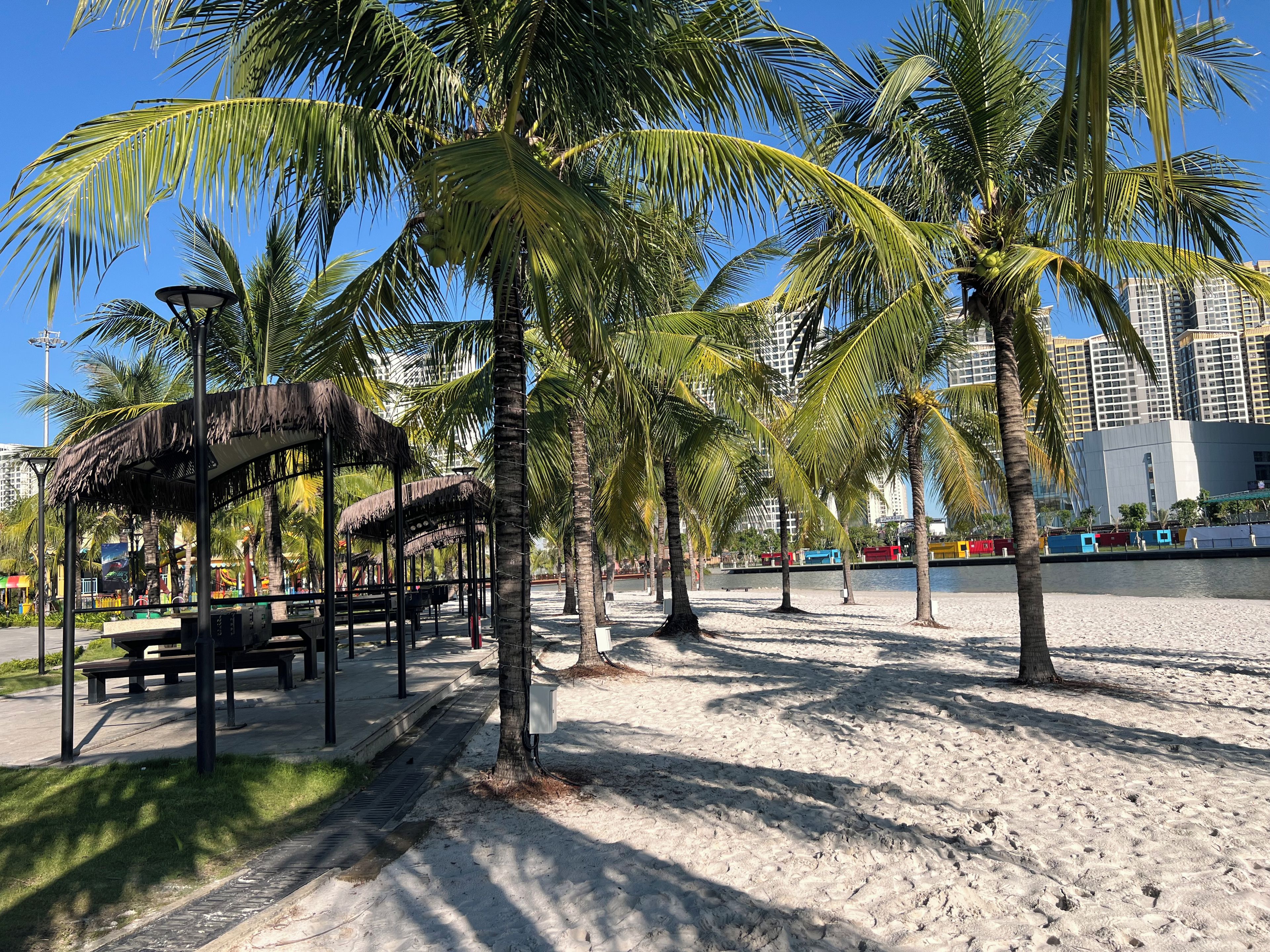 A beach area with palm trees, a thatched-roof structure, and a view of a water body and buildings in the background.