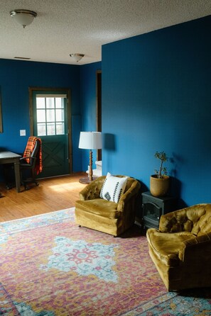 A room with a blue wall, a patterned rug, two sofas, a lamp, and a potted plant. - Entire home in Moscow, ID (Moscow)