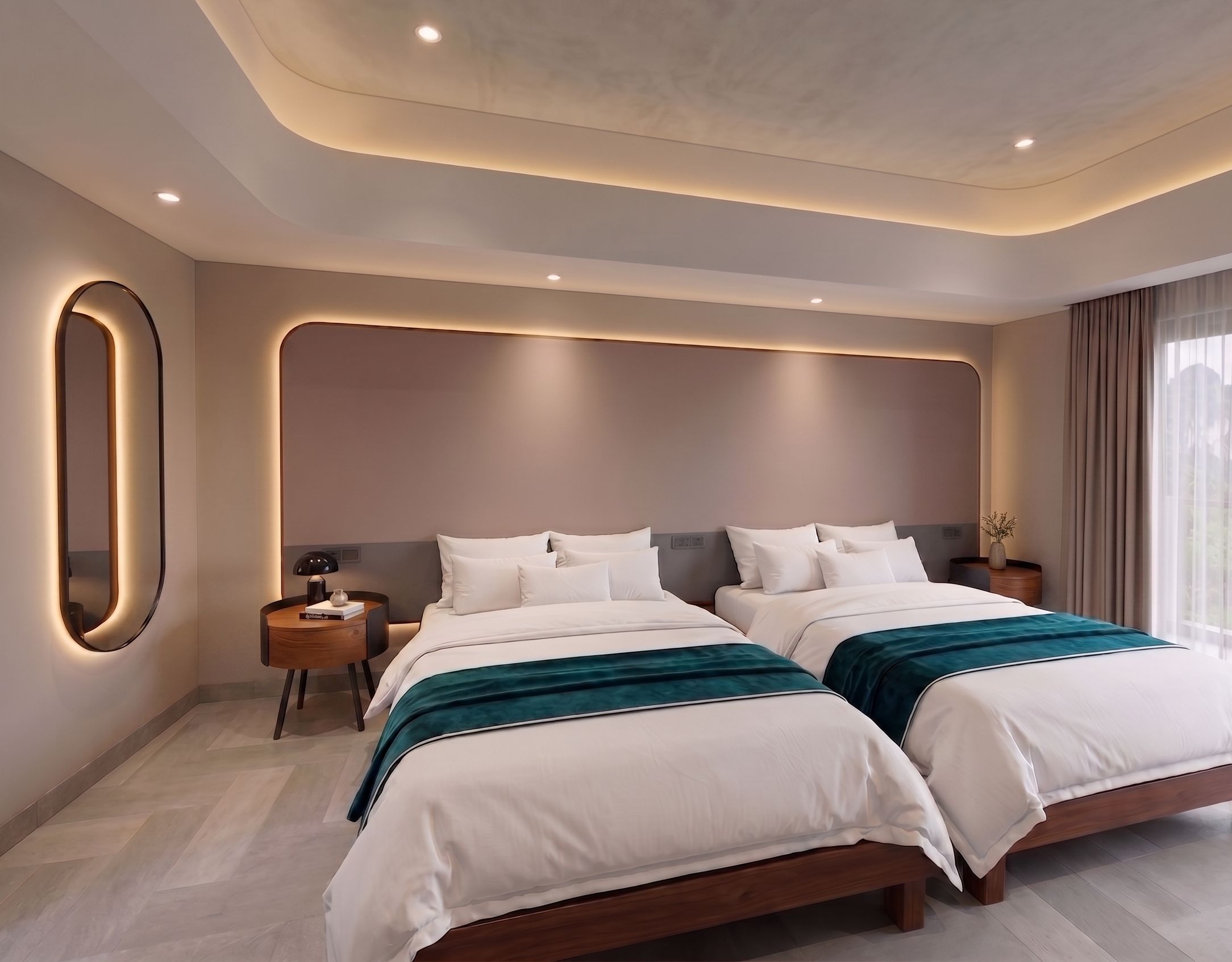 A modern bedroom with two beds, a large mirror, and a nightstand with a lamp.