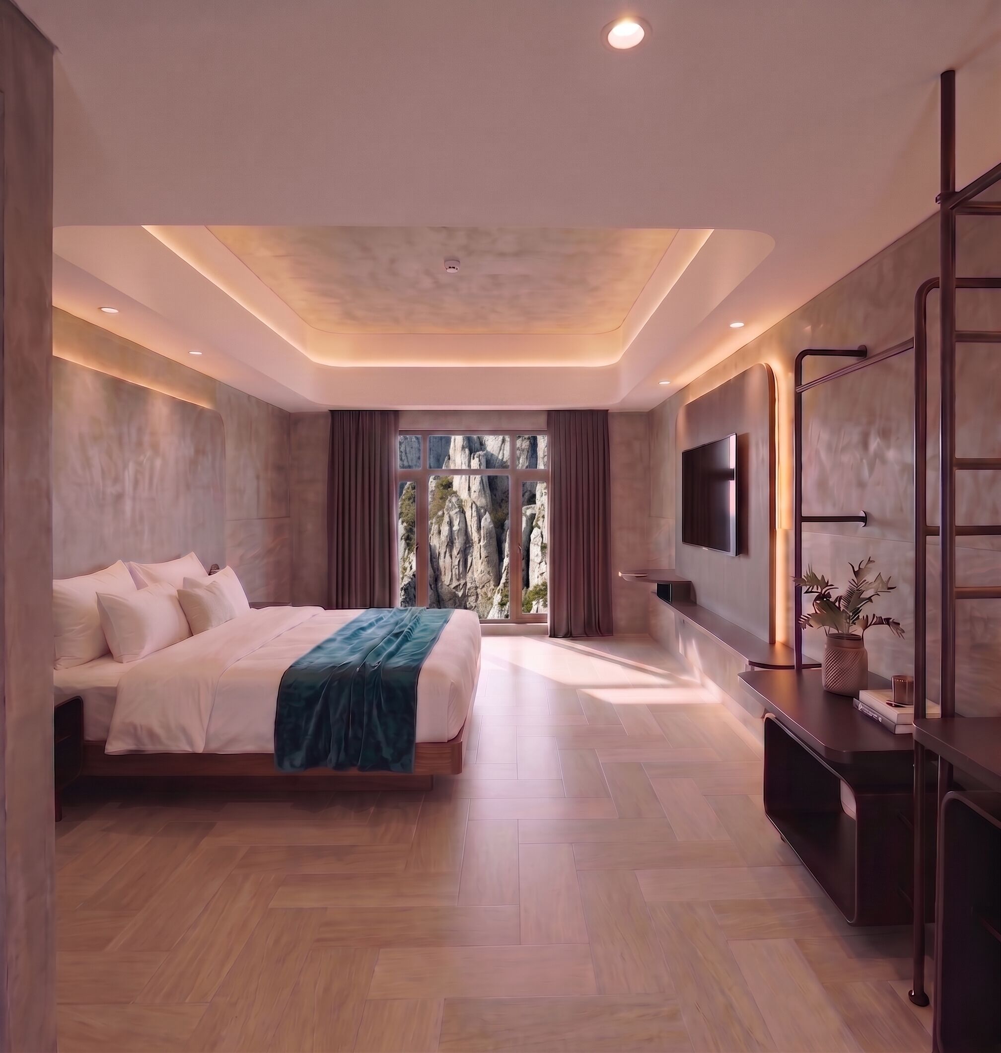 A modern bedroom with a large bed, a TV mounted on the wall, and a view of rocky terrain through the window.
