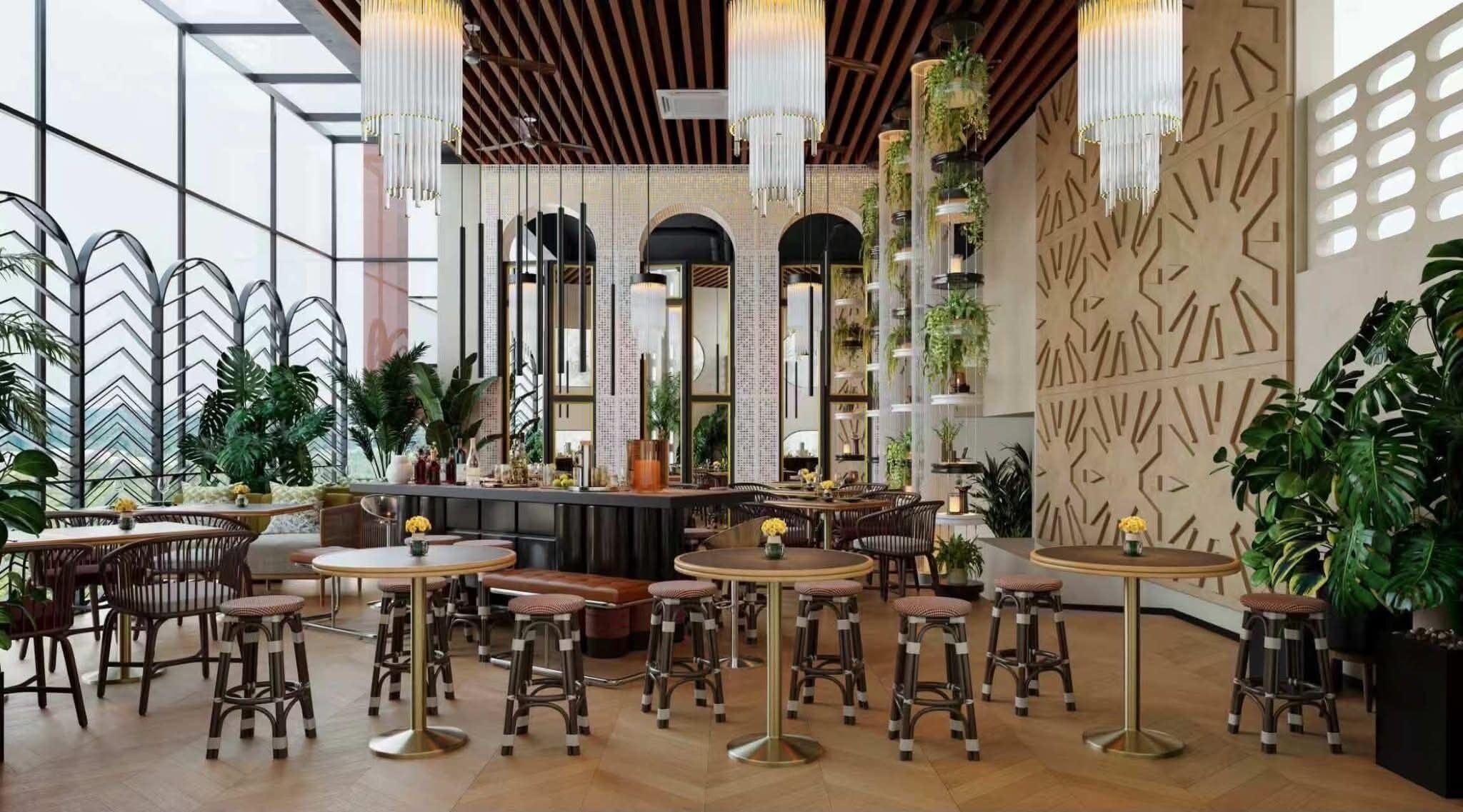 A modern interior with high ceilings, wooden beams, and a mix of seating options including tables and bar stools.