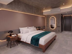 Un dormitorio moderno con una cama grande, mesitas de noche, un espejo y un equipo de aire acondicionado.