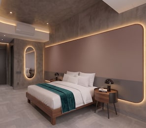 A modern bedroom with a large bed, bedside tables, and a mirror. - Villa V The One and Only, Managed by H Hospitality (El Nido)