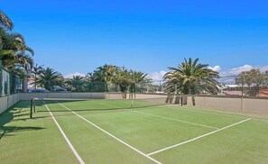 An outdoor tennis court with a net, surrounded by palm trees and a clear sky. - 2nd Avenue Apartments - 13B (2B/2B) (Gold Coast)