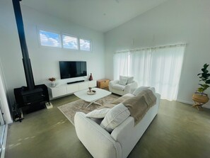 A modern living room with a sofa, a coffee table, a television, and a fireplace.