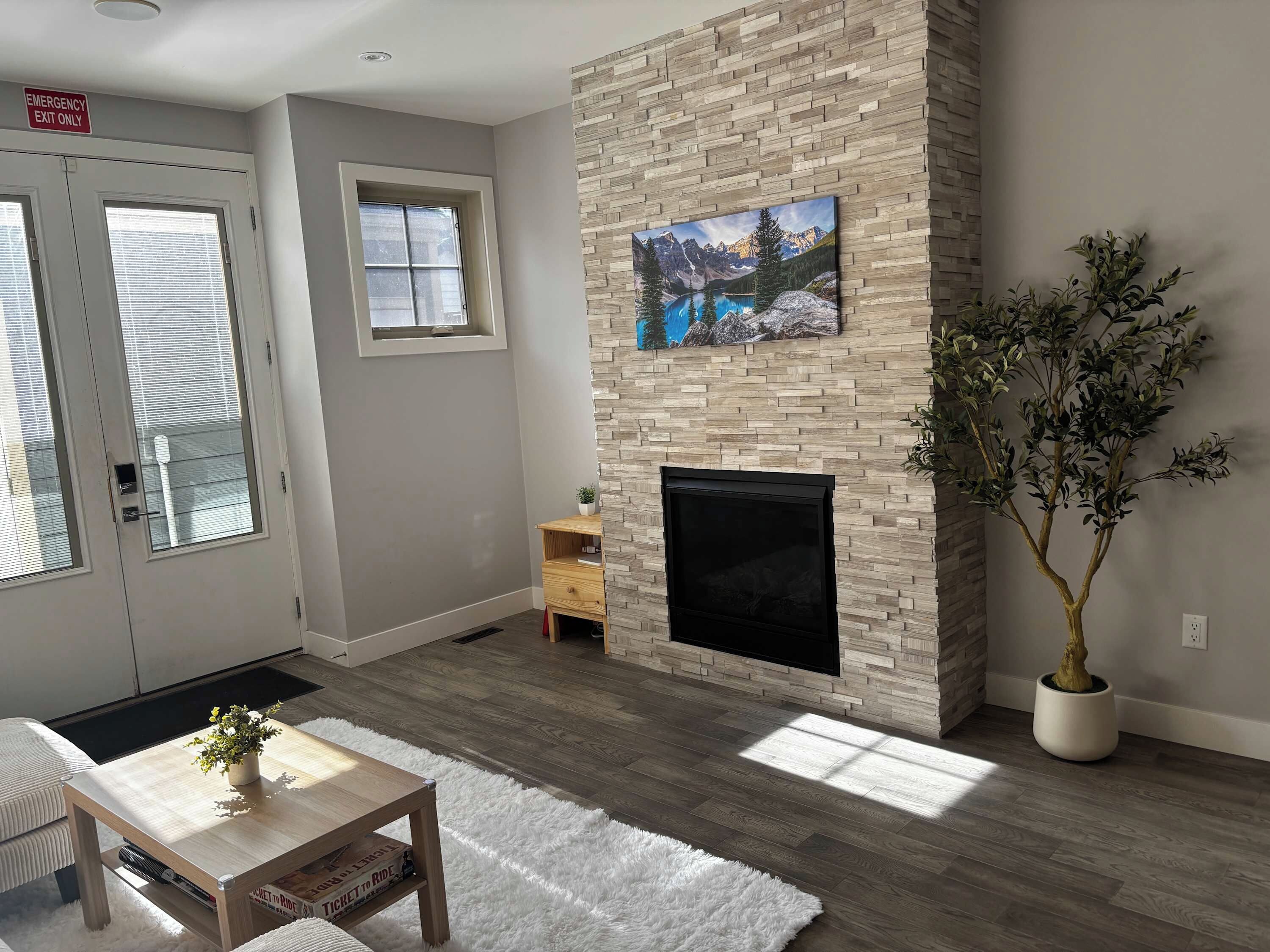 A living room with a fireplace, a painting, a potted plant, and a window.