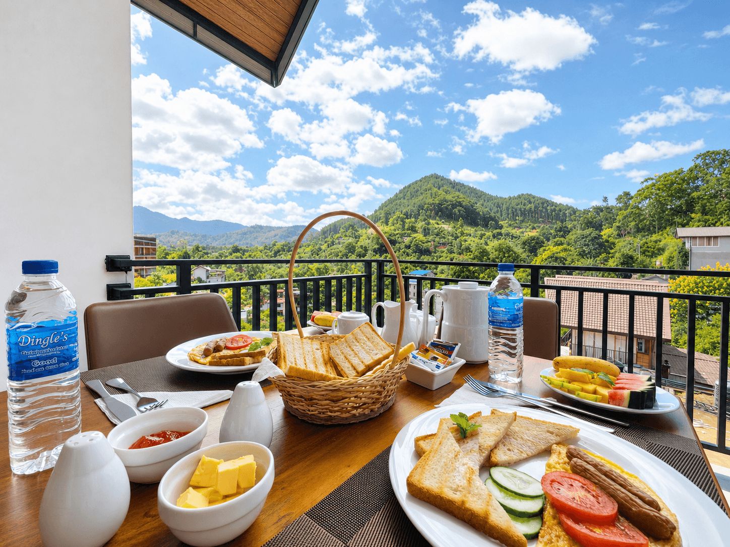 A breakfast table with various food items, a water bottle, and a view of a mountainous landscape.