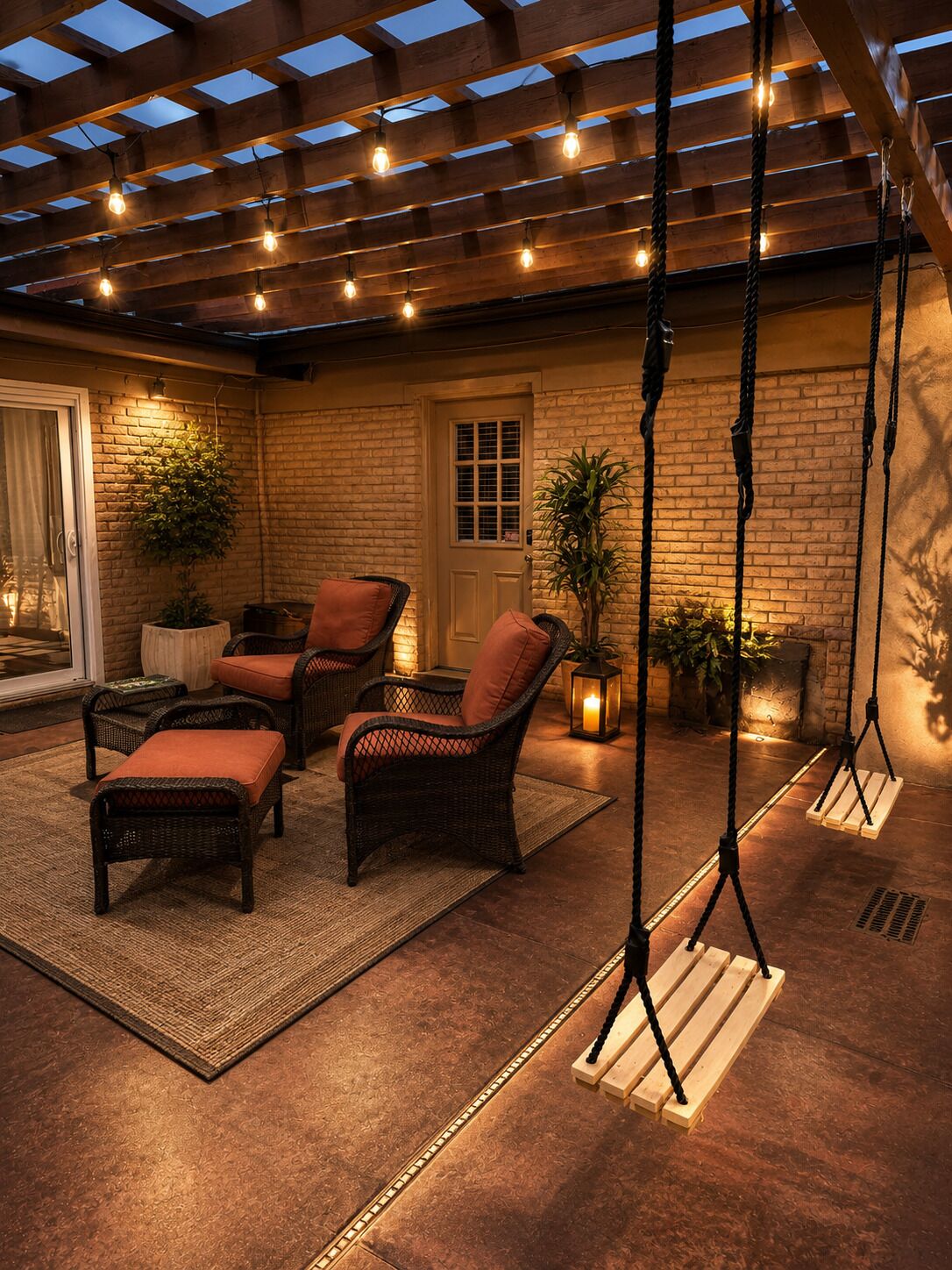 An outdoor patio with wicker furniture, a swing set, and a brick wall.