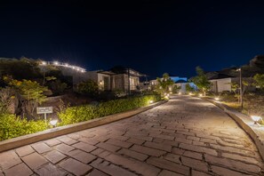 Un sendero pavimentado que conduce a un edificio de piedra con techo metálico, rodeado de vegetación e iluminado por farolas.