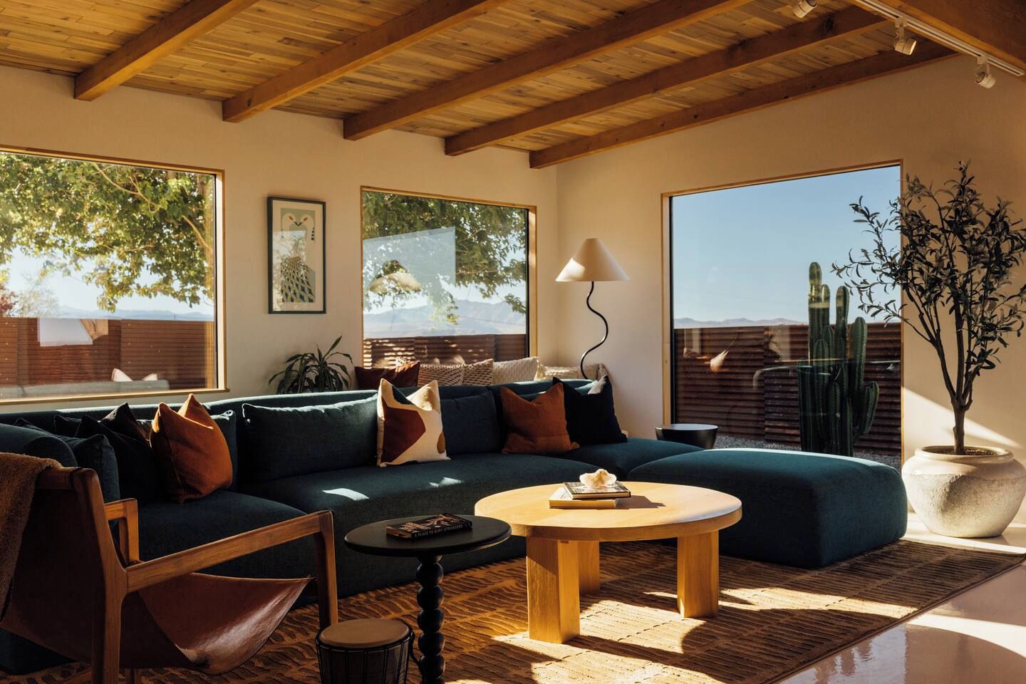 Un salon moderne avec un plafond en bois, de grandes fenêtres, un canapé, une table basse et un cactus.