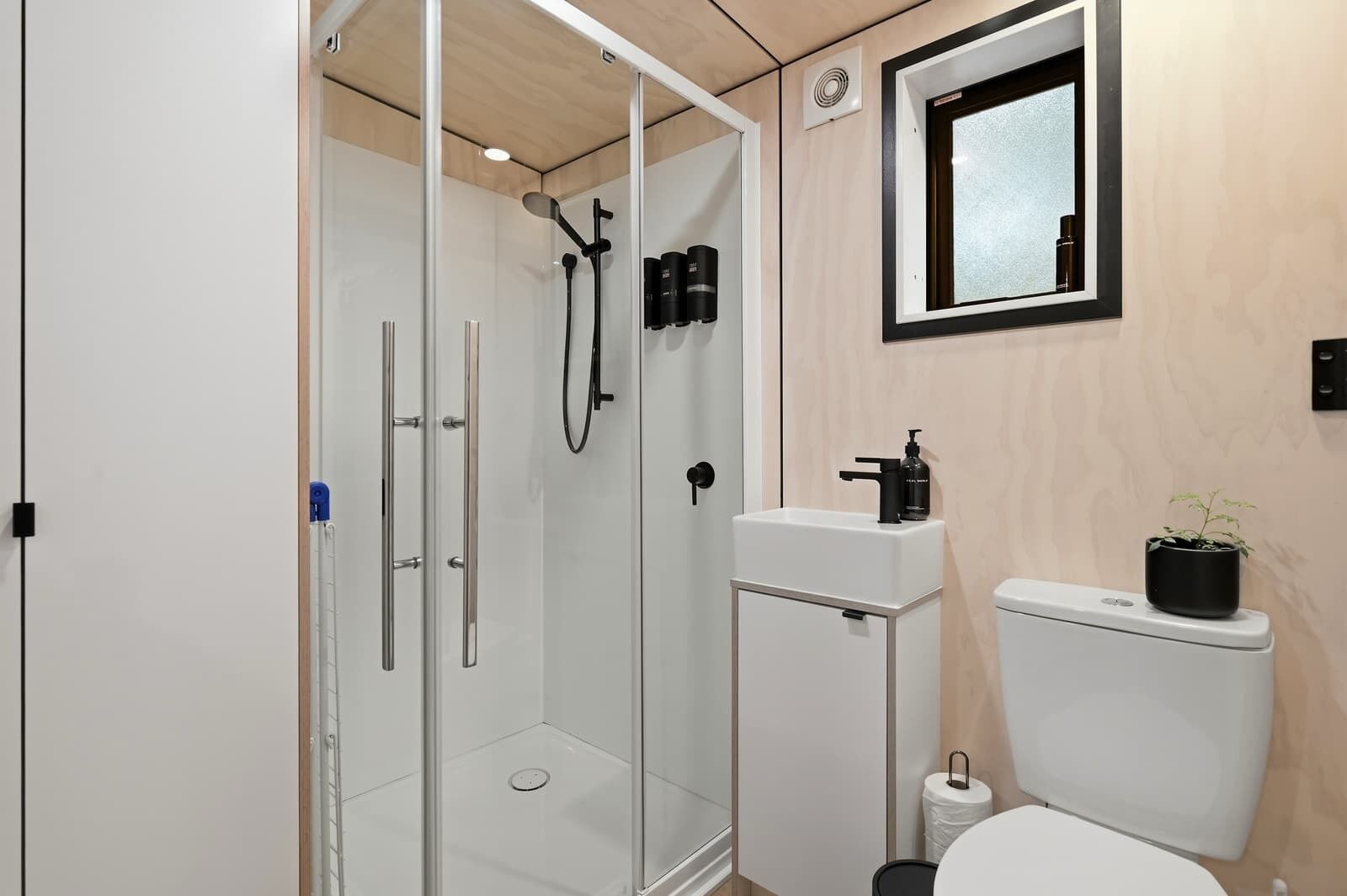Une salle de bain moderne avec une douche en verre, un lavabo blanc avec un distributeur de savon noir et des toilettes agrémentées d’une plante en pot.