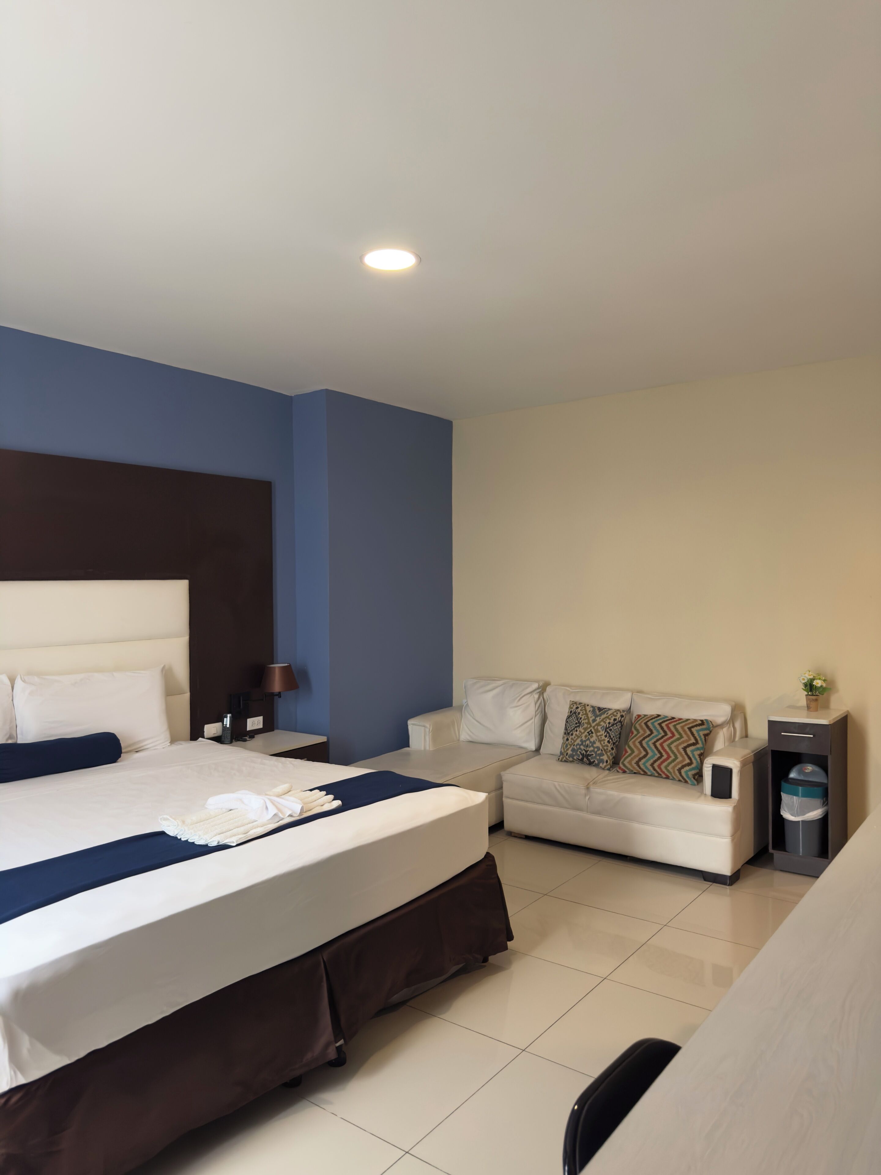 Quarto de hotel com cama, sofá, mesa de cabeceira, luminária e lixeira.