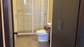 A bathroom with a glass-enclosed shower, a toilet, and a cabinet.
