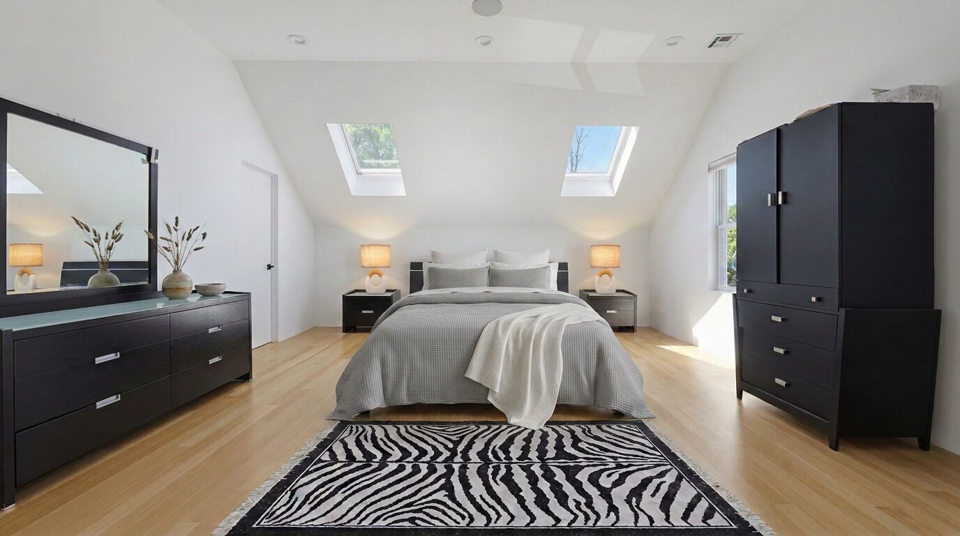 A bedroom with a bed, bedside tables, a wardrobe, a zebra-patterned rug, and skylights.