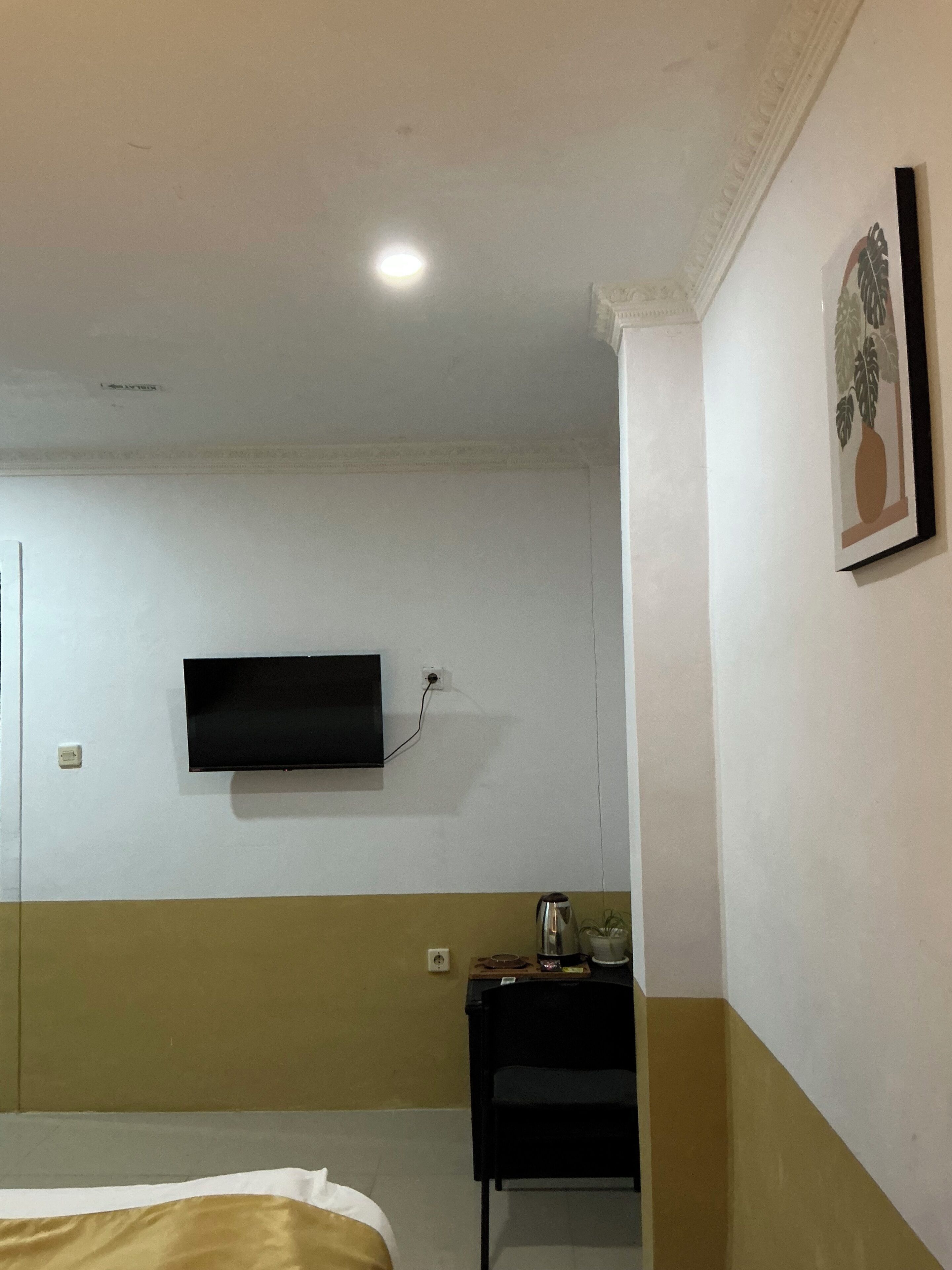 Une chambre d’hôtel avec un lit, un téléviseur à écran plat fixé au mur, une petite table avec une bouilloire et un tableau encadré au mur.