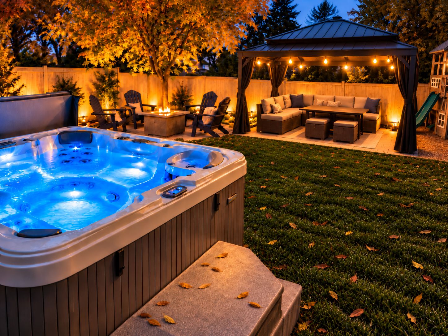 A backyard with a hot tub, outdoor seating, and a gazebo.