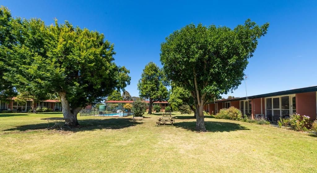 Un espacio al aire libre con césped, árboles y una mesa para picnic, rodeado de edificios con paredes de ladrillo rojo.