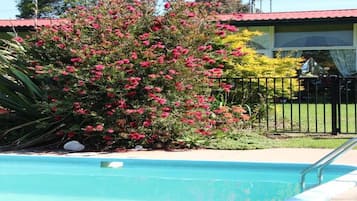 Piscina com escada de metal, cercada por vegetação exuberante e um edifício com telhado vermelho.