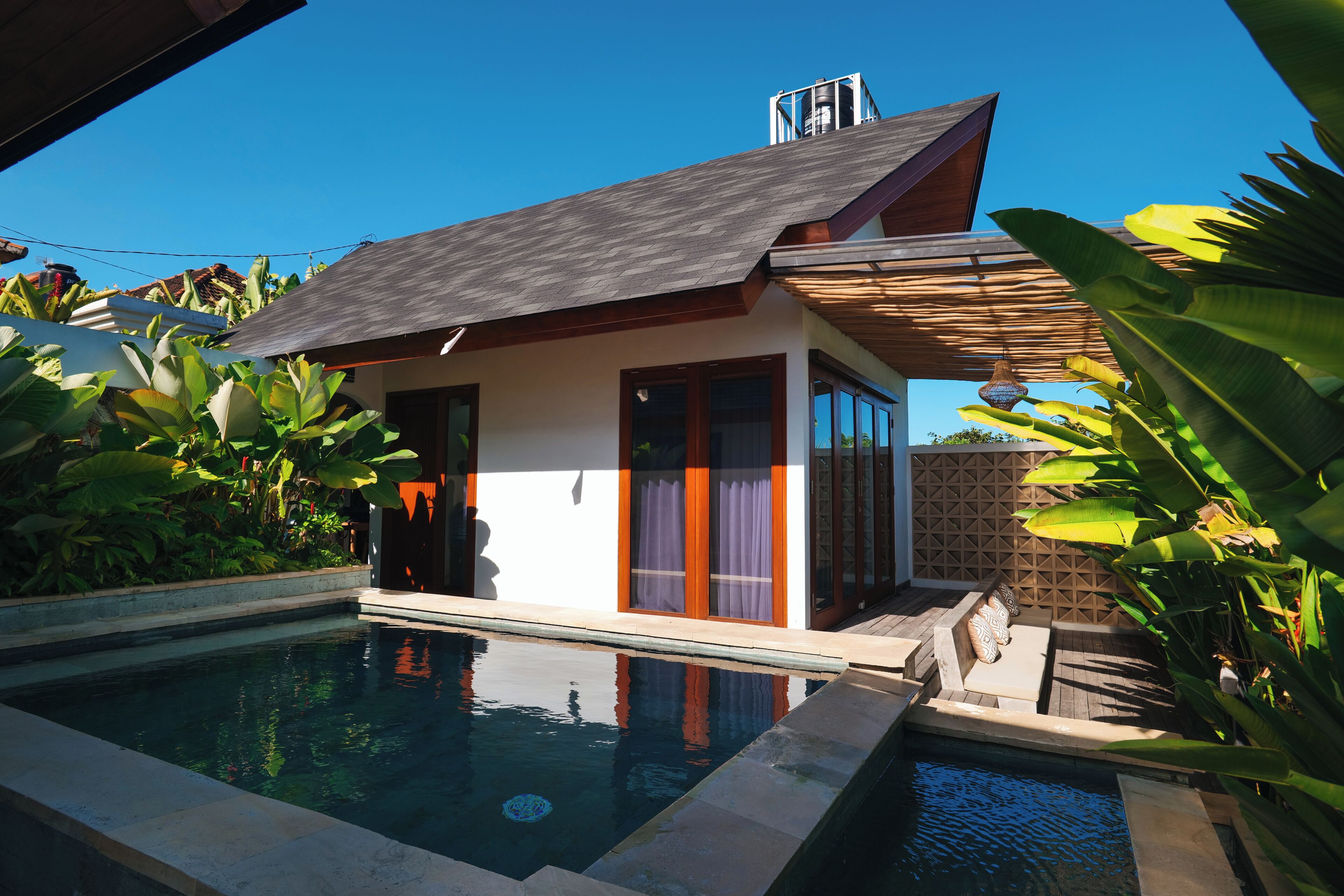 A modern house with a pool, surrounded by tropical plants.