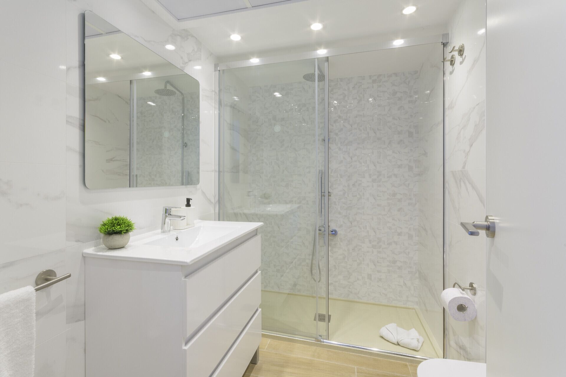 A modern bathroom with a glass shower enclosure, a white vanity with a plant, and a toilet with a towel.