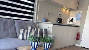A modern kitchen with a grey sofa, striped cushions, and two striped vases on a wooden table. - Houseboat With Rooftop Terrace (Wolphaartsdijk)